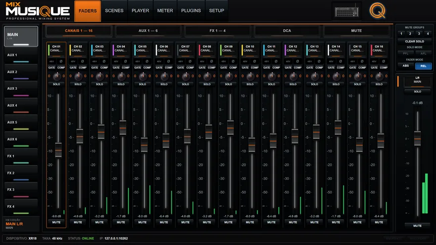 Mix: tela de faders com todos os canais